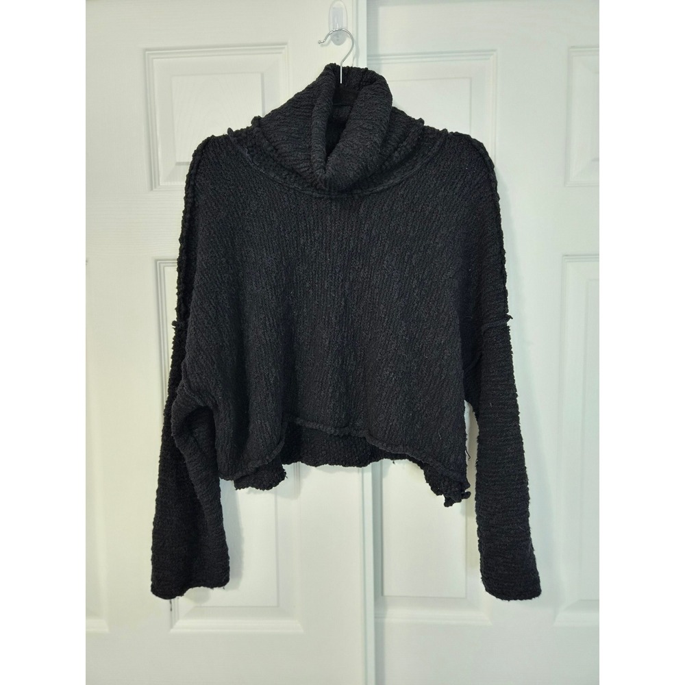 Free People Black Boucle Cowl Neck Oversized Cropped Sweater XS Exposed Seams